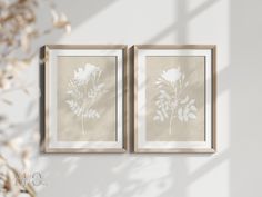 two framed art prints with white flowers on them