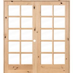 an open wooden door with glass panels on the front and side doors, all in light wood