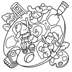 a black and white drawing of children playing on the ground with an animal coloring page