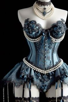 🥴 Obsessed. Pearl Bustier Outfit, Blue Corset Outfit, Corsette Dress, Burlesque Outfit, Corset Fashion, Fantasy Gowns, Fantasy Dress, Fashion Inspiration Design, Really Cute Outfits