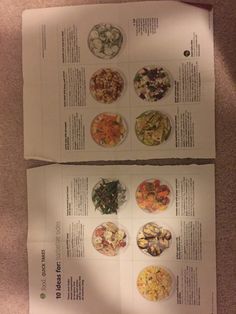 two papers with different types of salads on top of each other, sitting on the floor