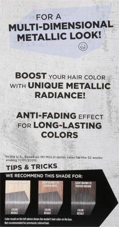 Say goodbye to boring colors! All eyes are on you with Schwarzkopf got2b Metallics permanent color. Boost your hair color with trendy metallic shades. Schwarzkopf got2b Metallic Hair Color offers a multi-dimensional look that delivers unique metallic radiance. Permanent hair color that lasts. Got2b Metallics hair dye works for all hair textures. This permanent hair color can be used on your natural hair, wigs, or extensions to express yourself! The lighter your natural or current hair color, the Got2b Metallics, Metallic Hair Color, Schwarzkopf Got2b, Model Hair Color, Anime Makeup, Natural Hair Wigs, Hair Textures, Medium Blonde, Permanent Hair Dye