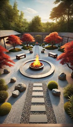 a fire pit in the middle of a garden with rocks and trees around it,