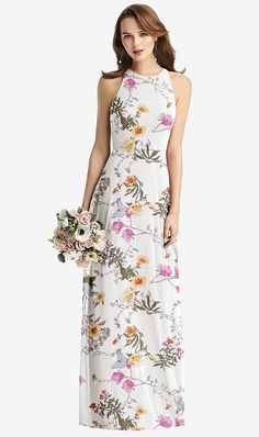 Elegant Maxi Halter Dress For Garden Party, Elegant Halter Maxi Dress For Garden Party, Halter Neck Floral Maxi Dress For Wedding, Floral Print Halter Neck Maxi Dress For Wedding, White Halter Neck Maxi Dress For Bridesmaids, White Chiffon Halter Neck Maxi Dress, Summer Halter Neck Maxi Dress With Keyhole Back, Flowy Chiffon Halter Neck Maxi Dress, Elegant Chiffon Halter Neck Maxi Dress