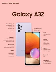 an advertisement for the new samsung a32 smartphone, with information about its features and features