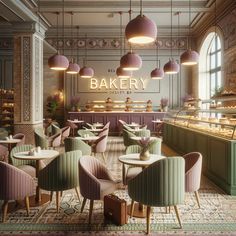 the interior of a bakery with pastel green and pink chairs, round tables, and chandeliers