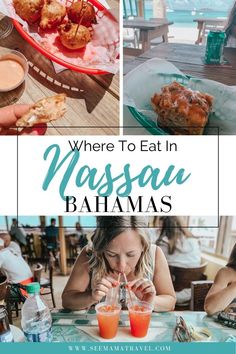 a woman sitting at a table with food in front of her and the words where to eat in massau bananas