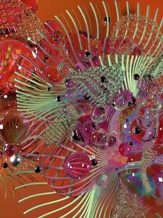 an abstract glass sculpture is displayed on the wall in this artistic photo, it appears to be colorful