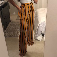 -Wide Leg Stripe Pants -Built In Buckle Detail -Never Worn Casual Pants With Pockets For Date Night, Casual Straight Pants For Date Night, Casual Trousers For Date Night, Casual Bottoms With Pockets For Date Night, Casual High-waisted Pants For Date Night, Casual Wide-leg Pants For Date Night, Casual Wide Leg Bottoms For Date Night, Summer Date Night Pants With Pockets, Casual High Waist Pants For Date Night