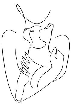 a black and white line drawing of a person holding a dog's head in the shape of a heart