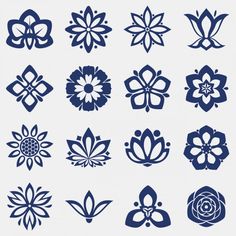 blue flowers and leaves are arranged in the shape of an abstract flower pattern on a white background