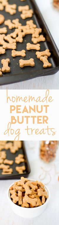 homemade peanut butter dog treats in a white bowl and on a black tray with the words homemade peanut butter dog treats