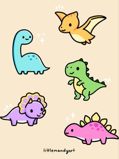 four different colored cartoon dinosaurs with stars on the back and one is flying in the air