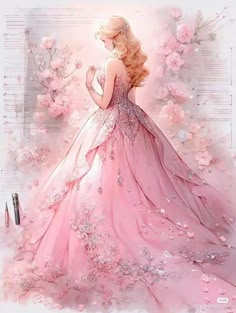 Pink Dress Fantasy Art, Ball Dress Drawing, Wedding Dresses Drawing, Dress Drawing Sketches, Princess Dress Anime, Dresses Drawing, Fantasy Wedding Dresses, Beau Film, Floral Cards Design