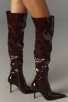 Synthetic Upper, Fabric/ Leather Lining, Synthetic Sole Zipper styling Imported | Pushover Over-The-Knee Boots by Jeffrey Campbell in Purple, Women's, Size: 8, Leather at Anthropologie Brown Knee-high Boots For Night Out, Brown Knee-high Boots For Party, Patent Leather Knee-high Boots For Night Out In Fall, Fall Patent Leather Knee-high Boots, Patent Leather Knee-high Boots For Fall, Chic Burgundy Knee-high Boots, Burgundy Fitted Heeled Boots For Party, Shiny Fashion, Upcoming Fashion Trends