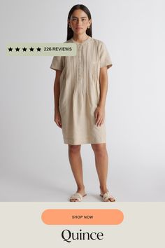 Short-sleeved, relaxed style. Super versatile and easy to wear. Featuring pin-tucking up top, shell buttons, and pleat detailing. Our linen collection is made from 100% European flax linen—an eco-friendly, and resource-light material.  | Quince | Women's 100% European Linen Short Sleeve Swing Dress in Driftwood, Size XS Casual Summer Dress With Pintucks, Casual Summer Dresses With Pintucks, Neutral Relaxed Fit Dress For Daywear, Casual Neutral Relaxed Fit Dress, Casual Short Sleeve Dress With Pintucks, Linen Short Sleeve, Linen Collection, Linen Tank, Linen Short