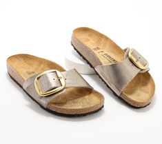 Match your elevated jeans-and-tee vibe with this updated take on Birkenstock's iconic Madrid sandal, featuring an oversized buckle for a bolder look. From Birkenstock. Outfits With White Birkenstocks, Birkenstock Madrid Outfit, Birkenstock Gold, Madrid Outfits, Birkenstock Outfit, Fancy Shoes, Birkenstock Madrid, Tulum, Slide Sandals