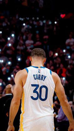 a basketball player with his back to the camera and fans in the stands behind him