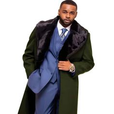 Overcoat ~ Long Men's Dress Topcoat - Winter Coat With Fur Collar Dark Olive And Wool Fabric Single Breasted Removable Fur Collar Wool Color: Dark Olive Classic Long Fur Coat For Formal Occasions, Formal Long Sleeve Fur Coat For Winter, Green Winter Suits With Suit Collar, Classic Green Winter Suits, Semi-formal Shawl Collar Winter Outerwear, Formal Long Fur Coat For Winter, Green Notch Lapel Suit For Winter, Tailored Winter Suits, Fitted Pea Coat With Suit Collar For Winter