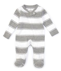 From Burt's Bees&#x2C; these pajamas feature: Stripe printTab collarLong sleevesAsymmetrical zippered front closureSolid neckline&#x2C; cuffs&#x2C; and feetFooted silhouetteOrganic cottonMachine wash Imported. Spring Long Sleeve Footie For Bedtime, Spring Bedtime Footie, Gray Cotton Onesie For Loungewear, Spring Cotton Footie For Loungewear, Casual Cotton Footie For Sleep, Gray Long Sleeve Cotton Onesie, Casual Cotton Footie For Bedtime, Spring Season Cotton Sleep Footie, Fitted White Long Sleeve Footie