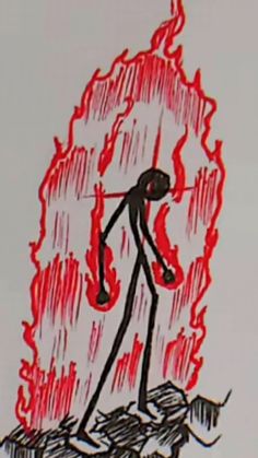 a drawing of a person standing in front of a fire with flames coming out of it