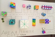 a white board with different colored objects on it and the words area & perimeter written in black