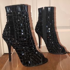 Brand New, Never Worn Giuseppe’s Ankle Boots With Black Jewels. Rare!! Chic Embellished Heeled Boots For Evening, Elegant Party Booties With 4-inch Heel, Elegant Embellished Black Boots, Party Ankle Booties With 4-inch Heel, Luxury Party Boots With Reinforced Heel, Black Booties With 4-inch Heel For Party, Chic Embellished Ankle-high Heels, Black Party Booties With 4-inch Heel, Chic Embellished Heeled Boots For Night Out