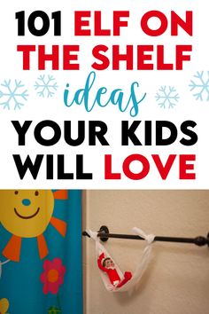 a bathroom with the words 101 elf on the shelf ideas your kids will love in red, white and blue