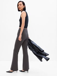 Stretch weave. Banded, elasticized waist. Seam details at front. Slits at hem. #521010 Ponte Pants, Petite Size, Black Charcoal, Heather Grey, Casual Pants, Mid Rise, Gap, Pants, Trousers