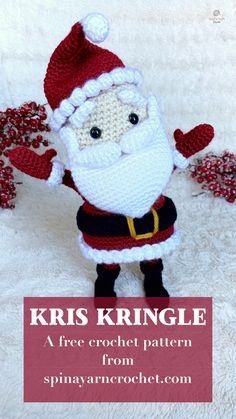 a crocheted santa clause doll with text overlay that says kris kringle