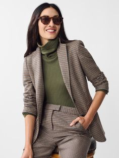 Check mate. Our single breasted blazer was inspired by our penchant for English countryside style with a signature J. McLaughlin flair. Pair with everything from silky dresses, cashmere turtlenecks, or the matching Broderick Pants - the options are endless. | J.McLaughlin Women's Bleecker Blazer in Houndstooth Light Tan/Brown/Denim, Size 2 | Denim/Wool/Polyamide Elegant Fall Semi-formal Outerwear, Elegant Fitted Tweed Jacket With Houndstooth Pattern, Elegant Fitted Houndstooth Tweed Jacket, Elegant Tweed Jacket With Lapel Collar For Fall, Elegant Fall Tweed Jacket With Lapel Collar, Chic Semi-formal Wool Tweed Jacket, Elegant Tweed Lapel Jacket For Fall, Elegant Fall Blazer With Hidden Button Closure, Elegant Fall Tweed Jacket For Business Casual