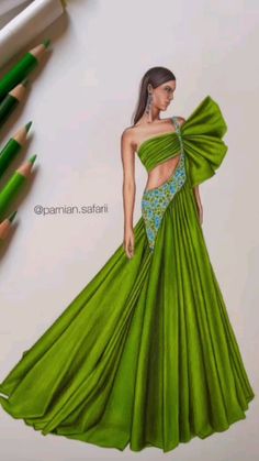 a drawing of a woman in a green dress