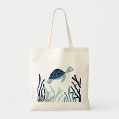 Sea Turtle swimming among the seaweed and coral in shades of blue with a white background. Eco-friendly Natural Tote Bag, Eco-friendly Customizable Tote Shoulder Bag, Eco-friendly Customizable Canvas Travel Bag, Customizable Eco-friendly Canvas Travel Bag, Tote Bag Design Diy Paint, Cute Tote Bag Design, Tote Bags Design, Tote Bag Design Ideas, Ocean Tote Bag