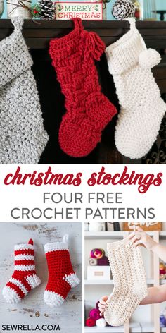 crocheted christmas stockings with text overlay that reads, christmas stockings four free crochet patterns