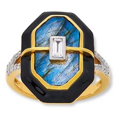 Rarities Gold-Plated Zircon, Diamond and Gemstone Black Enamel Ring  Accessorize with the classic elegance of an Art Deco-inspired ring. A handsome geometric shape, a single baguette-cut white zircon atop a shimmering gemstone base and sparkling diamond accents make this decadent piece one you'll be wearing for many years to come! Choose White (mother-of-pearl), Abalone or Labradorite.       Approx. 3/4"L x 13/16"W x 1/4"H; shank 1/16"W     Stamped .925; 14K gold plating     Rhodium and black enamel finish     Ring has baguette-cut white zircon center stone set atop octagonal-shaped gemstone background of choice     Octagonal gemstone base has black enamel frame     Split shoulders lined with round, white diamonds   Stone Information       All sizes and weights approximate     Total Carat Gemstone Background, Color Bands, Sparkling Diamond, Enamel Ring, Baguette Cut, Art Deco Inspired, Sparkle Diamonds, White Diamonds, Diamond Stone