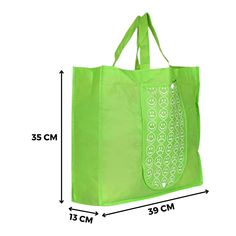 a green shopping bag is shown with measurements