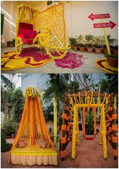 an outdoor ceremony with flowers and decorations