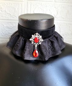 Velvet & Lace Choker With Detachable Red Stone Brooch Approx. Measurements: Depth: 3 Inches. Will Fit Neck Size Between 14 & 17 Inches Other Colours And Fabrics Available We Design & Make All Of Our Items In House and are more than happy to help with custom or bulk orders * Free P & P (UK only) * Red Punk Choker As Gift, Red Gothic Jewelry For Party, Red Choker For Halloween Party, Vintage Red Choker For Party, Fitted Red Gothic Costume Accessories, Gothic Red Costume Accessories For Party, Red Gothic Costume Accessories For Party, Red Punk Costume Accessories For Costume Party, Red Punk Costume Accessories For Parties