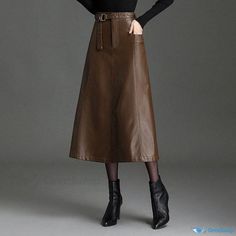 Orcajump - Premium High-Waisted Leather Skirt - Brown Midi Pencil Skirt with Figure-Fitting Design Chic Brown Knee-length Skirt, Elegant Brown Midi Length Skirt, Brown High-waisted Pencil Skirt, Elegant Brown Midi-length Skirt, Luxury Brown Midi Skirt, High Waisted Leather Skirt, Leather Midi Skirt, Leather Pencil Skirt, Midi Skirt Pencil