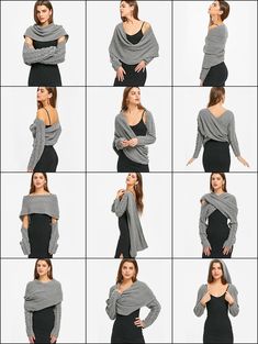 a collage of photos showing the different ways to wear a wrap around your neck