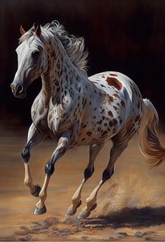 a painting of a white horse running in the sand with spots on it's body