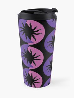 a purple and black travel mug with palm trees on the front, surrounded by circles