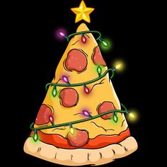 a christmas tree shaped pizza with toppings on it's side and lights around the top