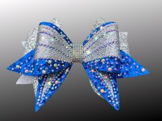 BlingedOutCheerBows.etsy.com, blue and silver competition cheer bow, all star cheer, cheer elite