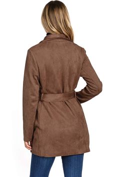 Faux-suede wrap coat with a mid thigh length, trench coat silhouette. Minimal, classic design with oversized draping lapels, slant pockets on the sides and a self-tie belt at the waist. Light weight coat effortlessly layers without looking bulking. *Hand Wash Cold *Shell: 96% Polyester/ 4% Spandex/ Lining: 100% Polyester *33"/84 cm Top to Bottom - Measured on a size S (Model is 5'8/wearing a size S) *Made in Vietnam Minimal Classic, Suede Coat, Wrap Coat, Belt Tying, Tie Belt, S Models, Faux Suede, Classic Design, Vietnam