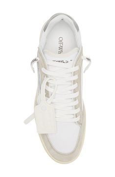 A debossed zip tag and playfully labeled laces bring signature style to a low-top sneaker designed with a layered upper fashioned from suede and cotton canvas. Lace-up style Leather and textile upper and lining/rubber sole Made in Italy Designer Shoes Black Owned/Founded Designer White Suede Sneakers, Luxury Low-top Sneakers With White Laces, White Lace-up High-top Sneakers With Logo Patch, Off White Low-top Sneakers With Cushioned Footbed, Off White Low-top Sneakers With Laces, Off White Low-top Sneakers For Sports, White Leather High-top Sneakers With Logo Patch, Off White Low-top Vulcanized Sneakers, Sneaker Men