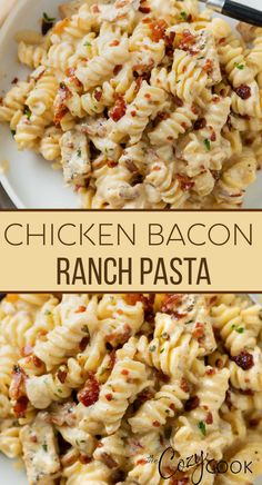 chicken bacon ranch pasta on a whit plate Chicken Bacon Recipes, Easy Pasta Dinner Recipes, Resep Pasta, Ranch Pasta, Chicken Bacon Ranch