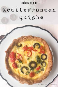 olive quiche on plate. Quiche With Crust, Mediterranean Quiche Recipes, Quiche For One, Breakfast Recipes For One, Creamy Quiche, Mediterranean Quiche, Cooking For One Person, Recipes Quiche