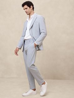 Tailored-Fit Striped Seersucker Suit Trouser | Banana Republic Factory Tailored Spring Suit With Hidden Button Closure, Tailored Summer Suits For Business Casual, Slim Fit Suit For Semi-formal Spring Events, Tailored Summer Business Casual Suits, Summer Tailored Business Casual Suits, Tailored Business Suits For Spring, Spring Suits With Welt Pockets And Notch Lapel, Tailored Suits For Spring Business Events, Slim Fit Spring Suit With Flat Front