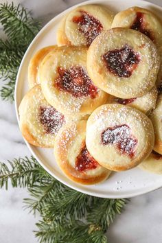 powdered sugar cookies are arranged on a plate